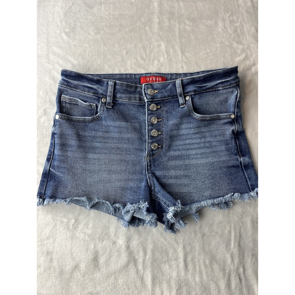 GUESS Women's Shorts 26 Blue Denim Emma Mr Exposed Bottom Frayed Eds Button Fly